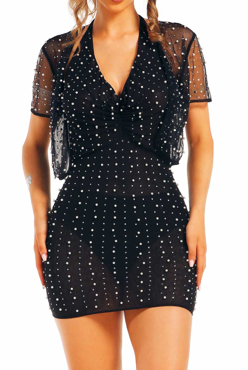 Pearl and Rhinestone Embellished Black Mini Dress