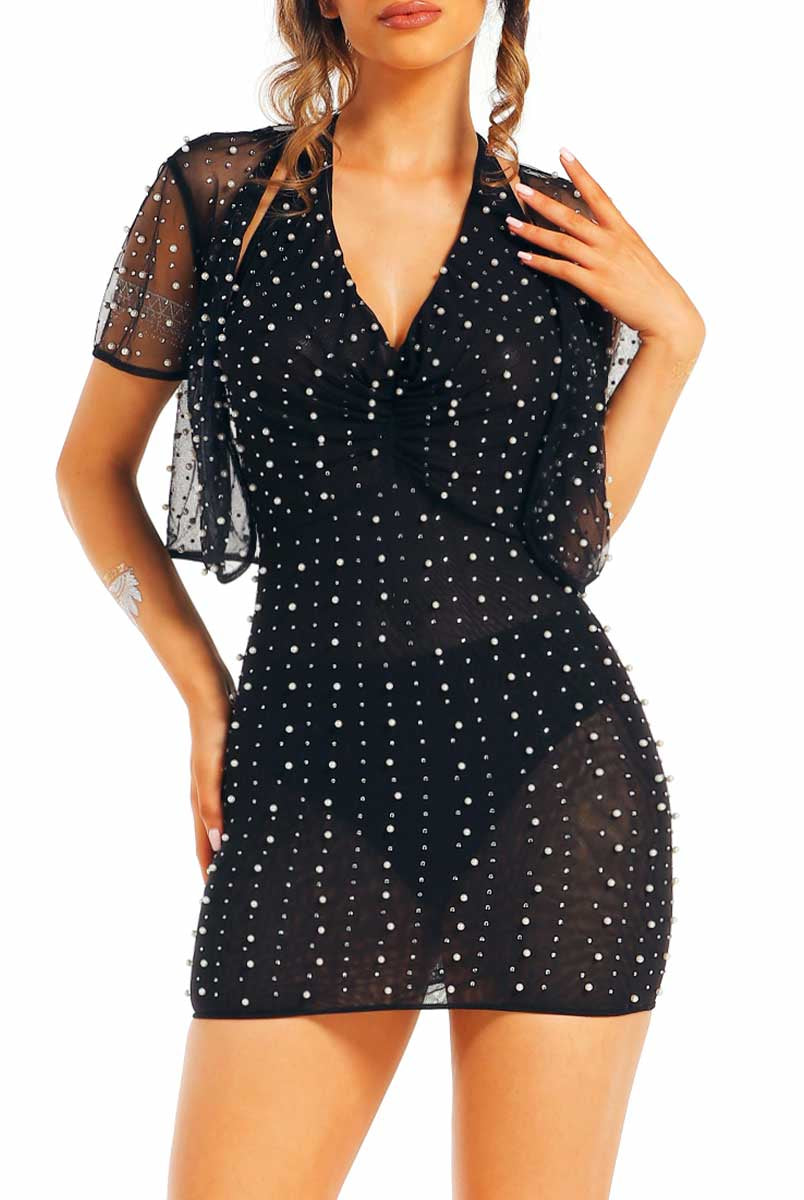 Black Mesh Dress and Shawl with Rhinestone and Pearl Embellishments