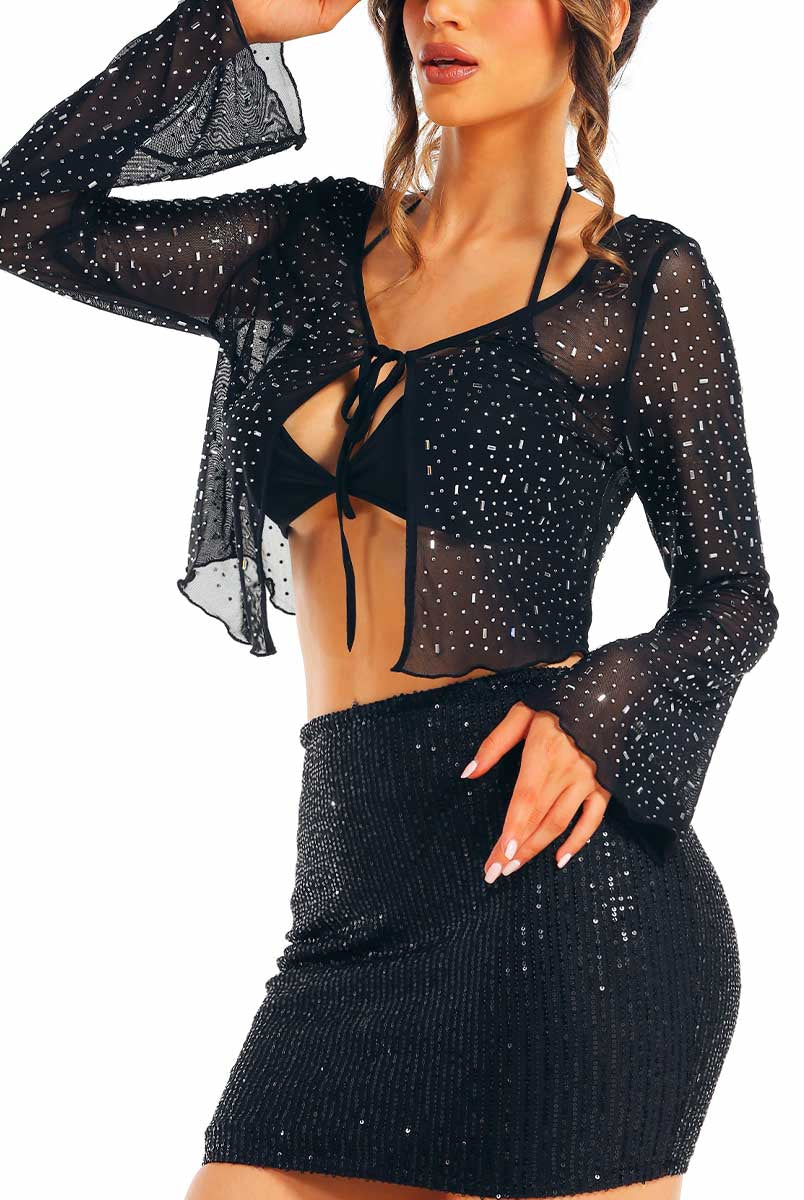 Black Rhinestone Embellished Top and Sequin Mini Skirt Set