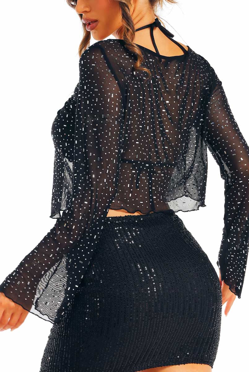 Sparkling Black Sequin Skirt and Rhinestone-Studded Top