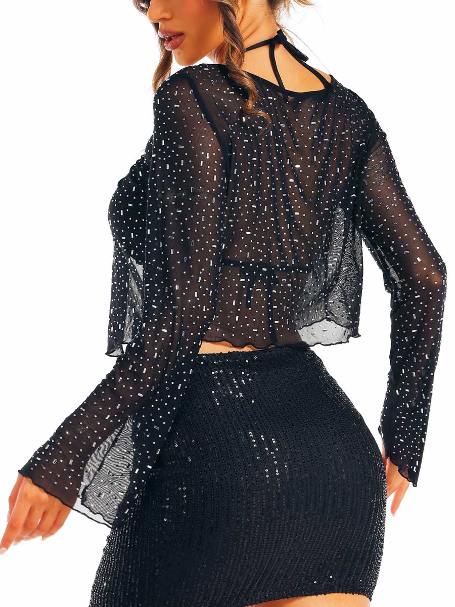 Sparkling Black Sequin Skirt and Rhinestone-Studded Top
