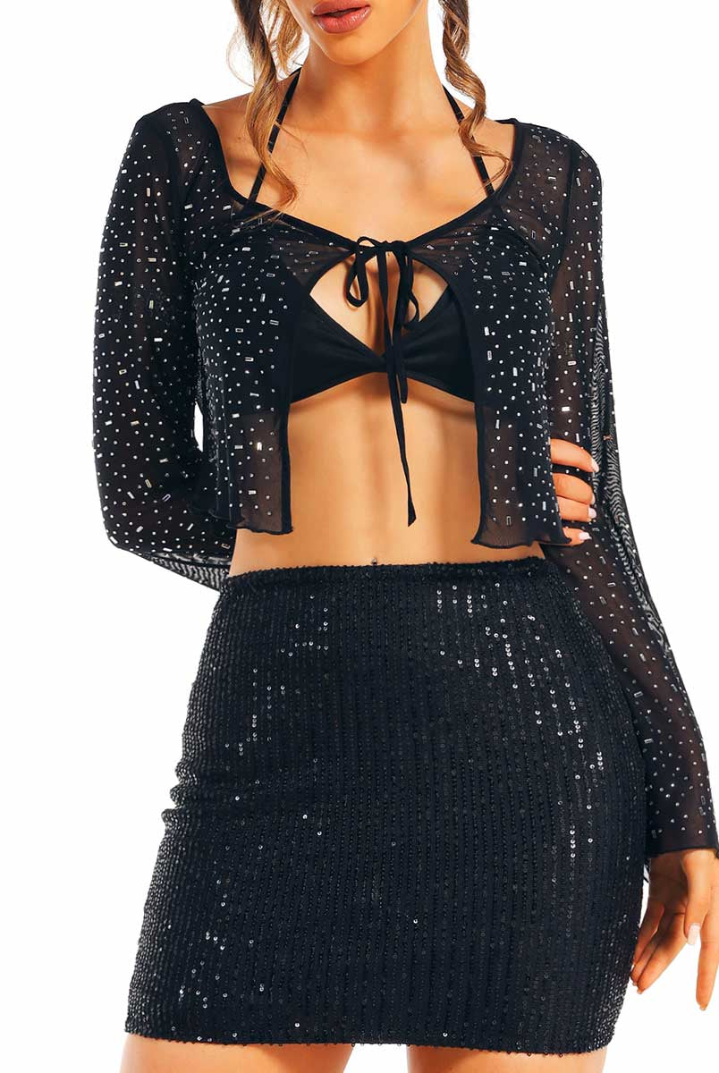 Black Mesh Rhinestone Top and Sequin Skirt Duo