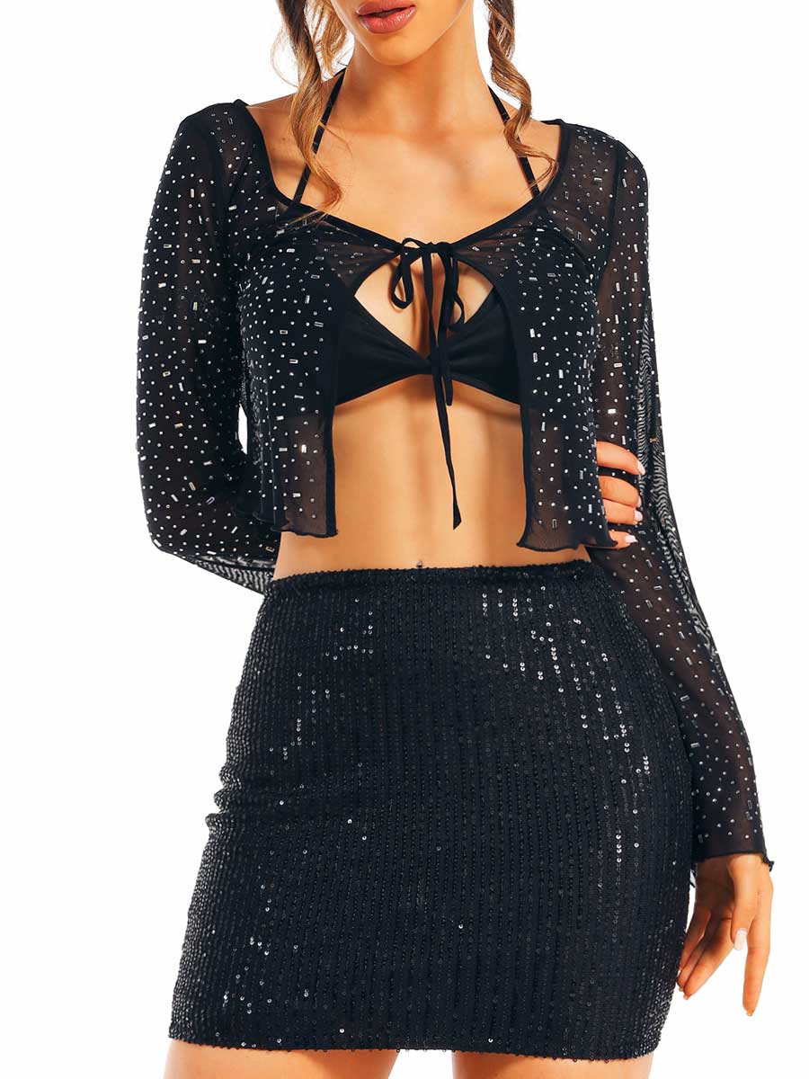 Black Mesh Rhinestone Top and Sequin Skirt Duo