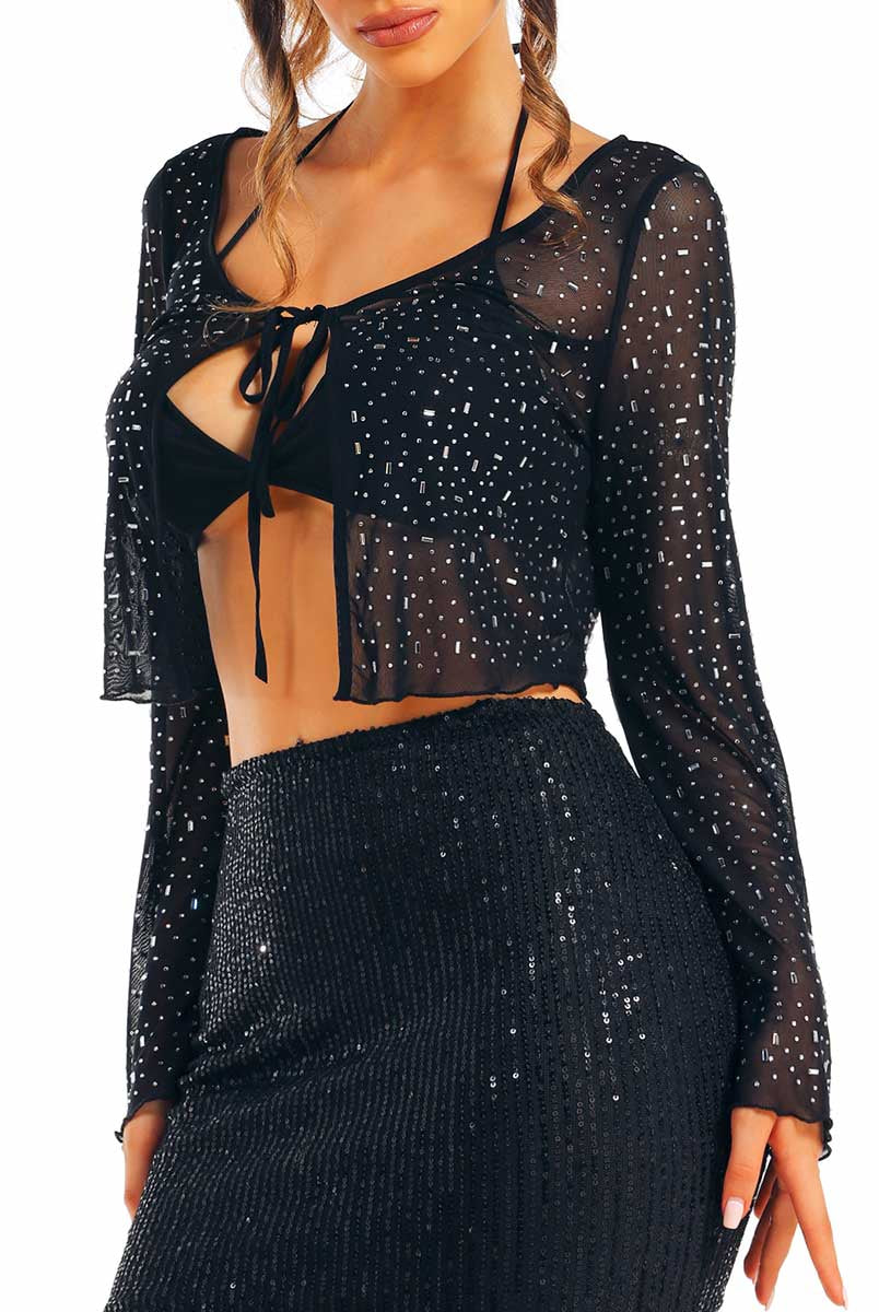 Glamorous Black Rhinestone Top with Sequin Skirt Set