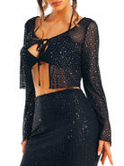Glamorous Black Rhinestone Top with Sequin Skirt Set