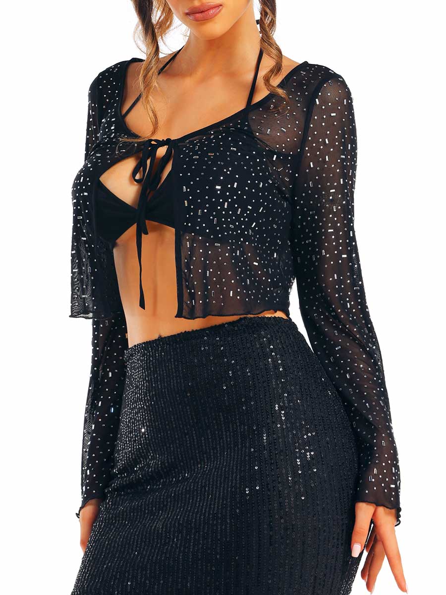 Glamorous Black Rhinestone Top with Sequin Skirt Set