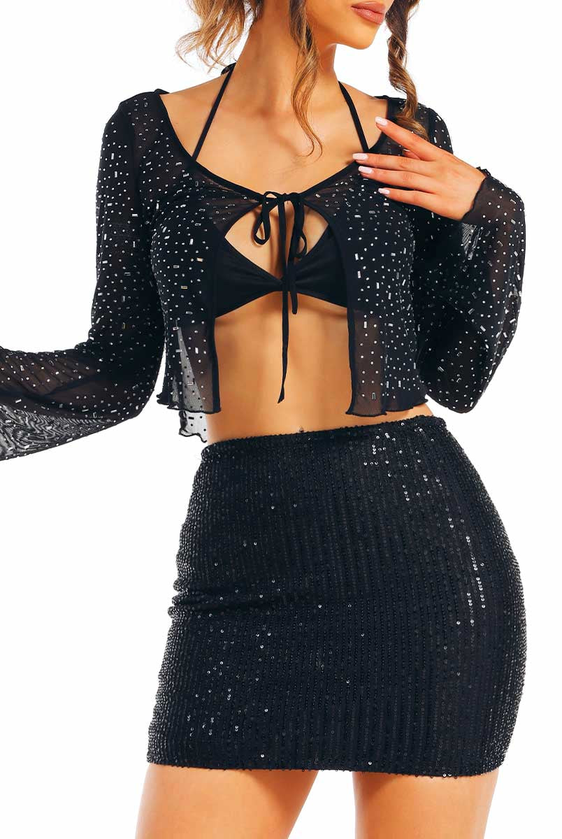 Black Sparkly Top and Sequin Skirt Combination