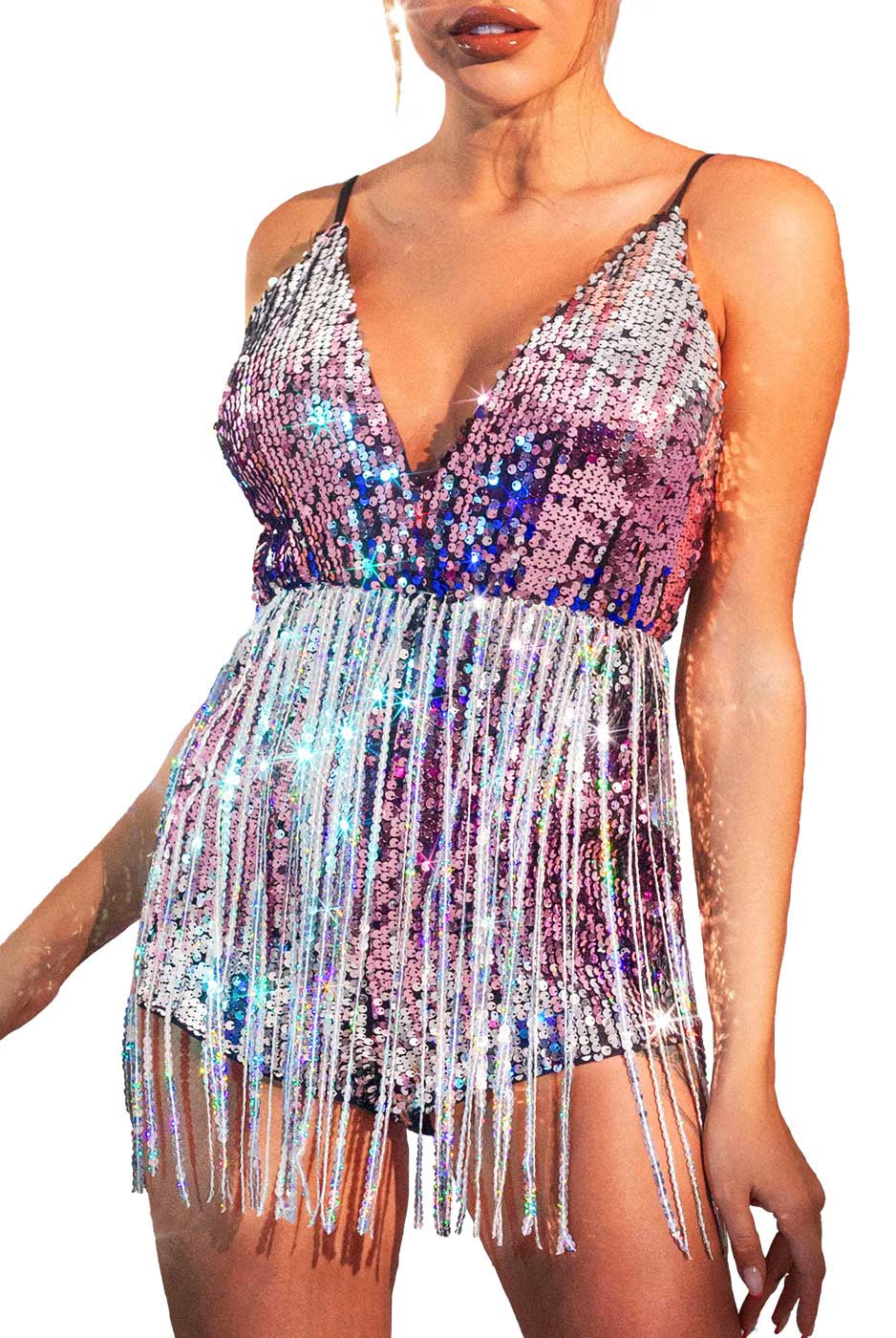 Silver and Pink Sequin Fringe Bodysuit