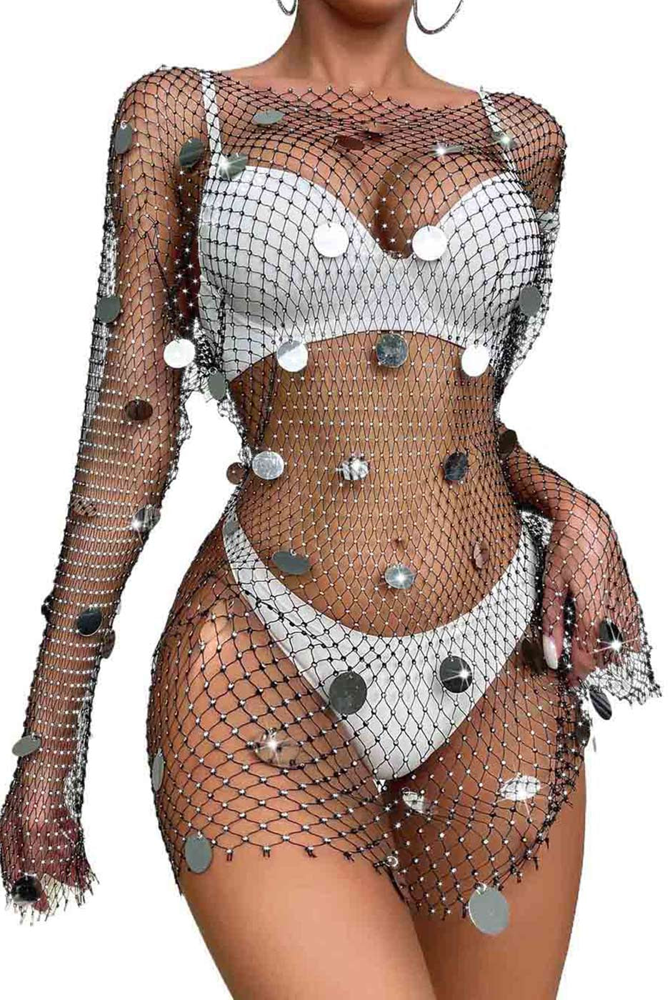 Silver Disc Black Mesh Crystal Dress