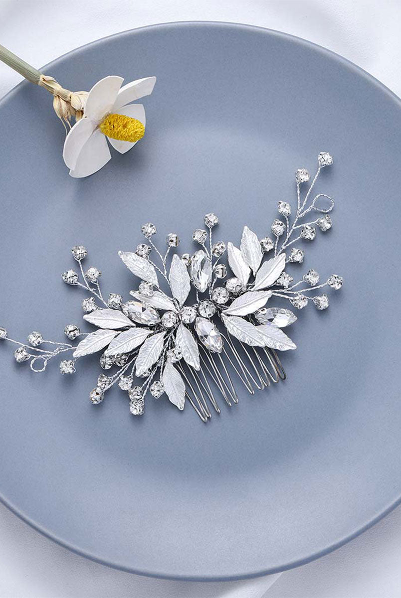 Rhinestone-Embellished Silver Leaf Hairpiece