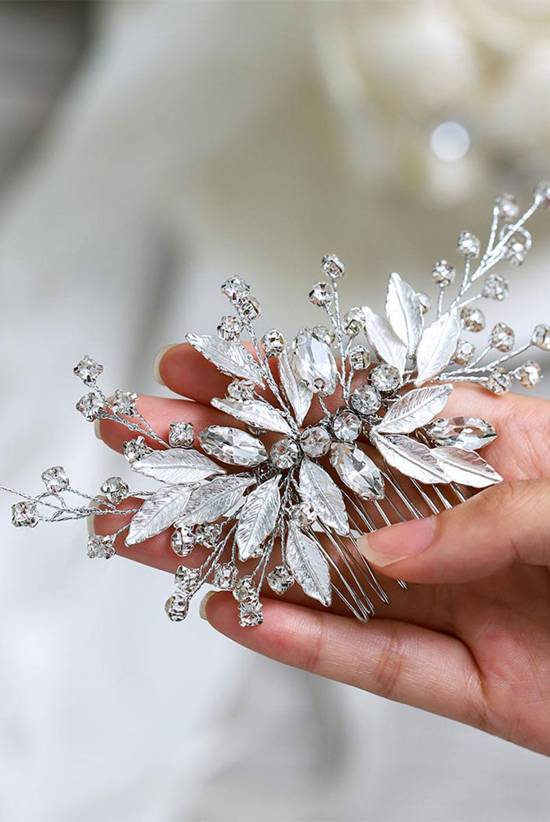 Silver Bridal Hair Ornament with Rhinestone Leaves