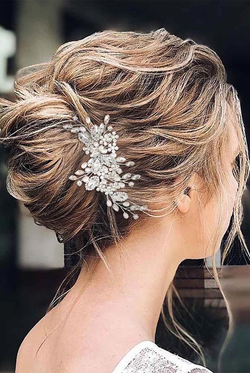 Delicate Silver Wedding Comb with Pearls and Sparkling Crystals