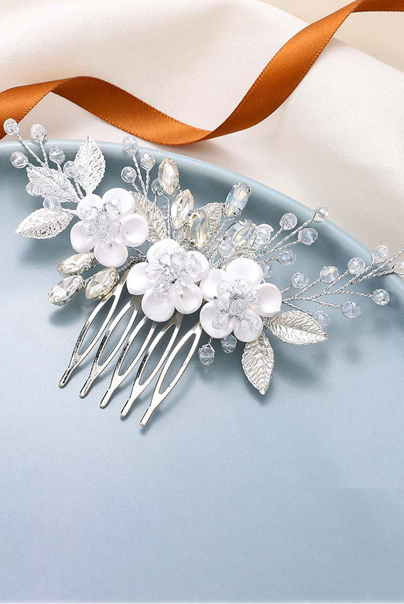 Silver Leaf and White Flower Wedding Hairpiece