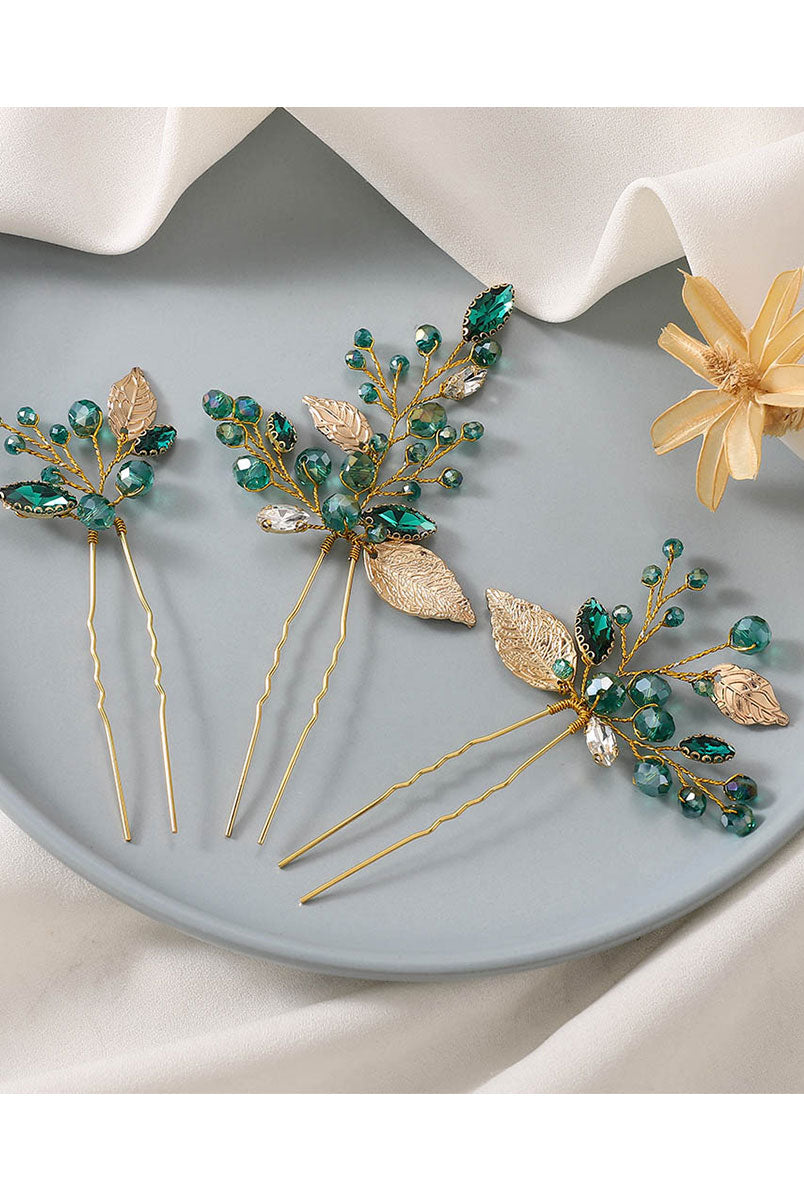Emerald Crystal and Gold Leaf Hair Clips Set