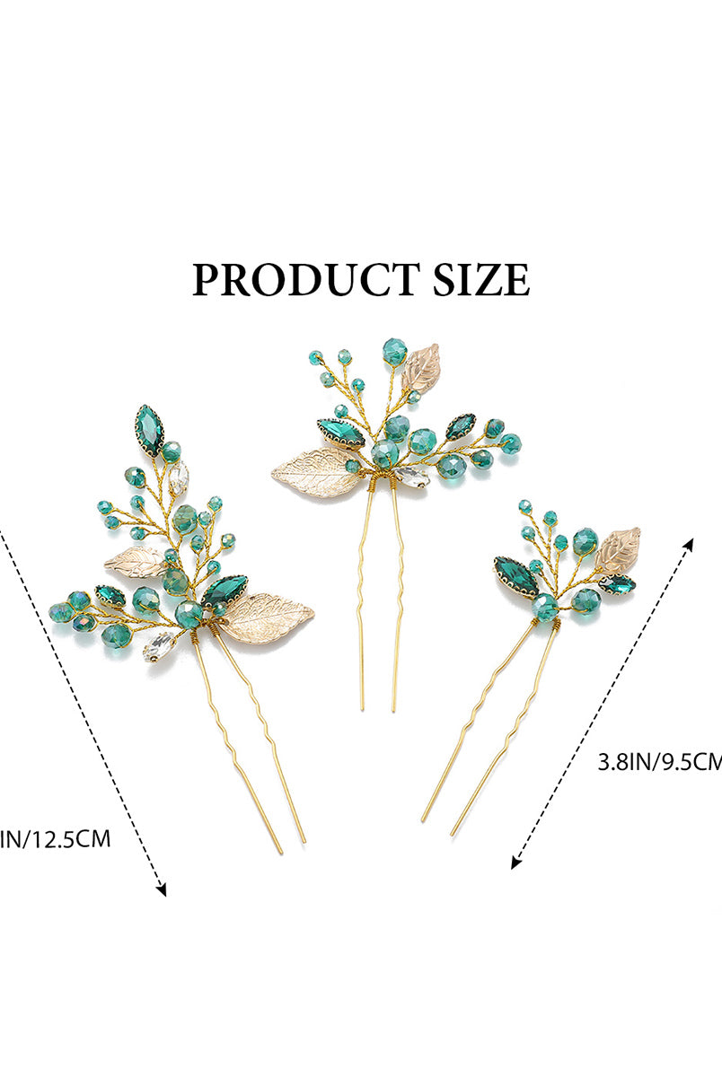 Gold-Plated Leaf and Green Crystal Hair Pins Pack