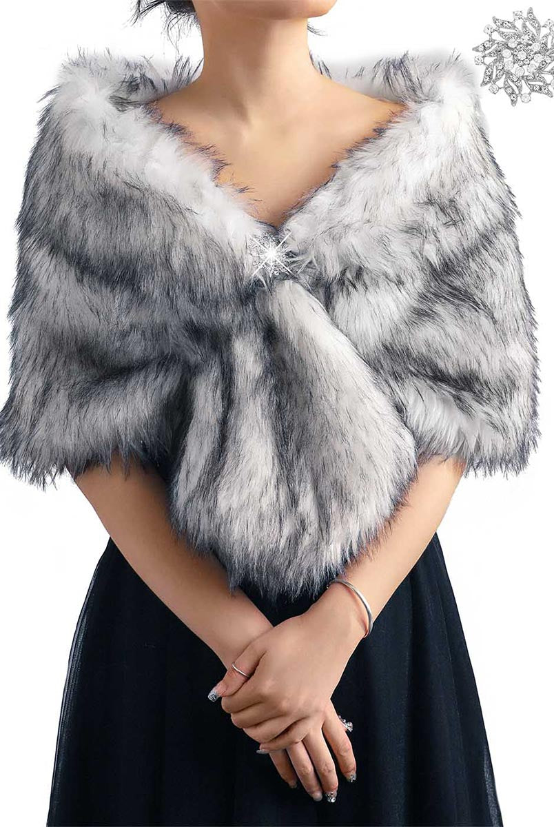 Luxury Faux Fur Shawl with Rhinestone Brooch