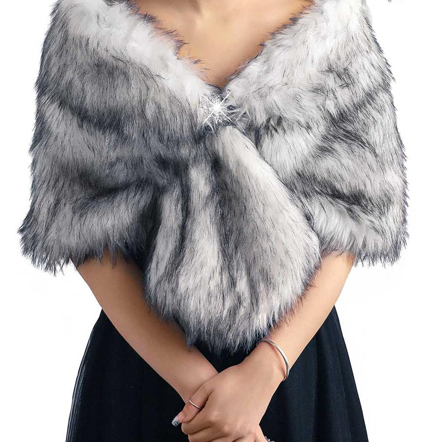 Luxury Faux Fur Shawl with Rhinestone Brooch