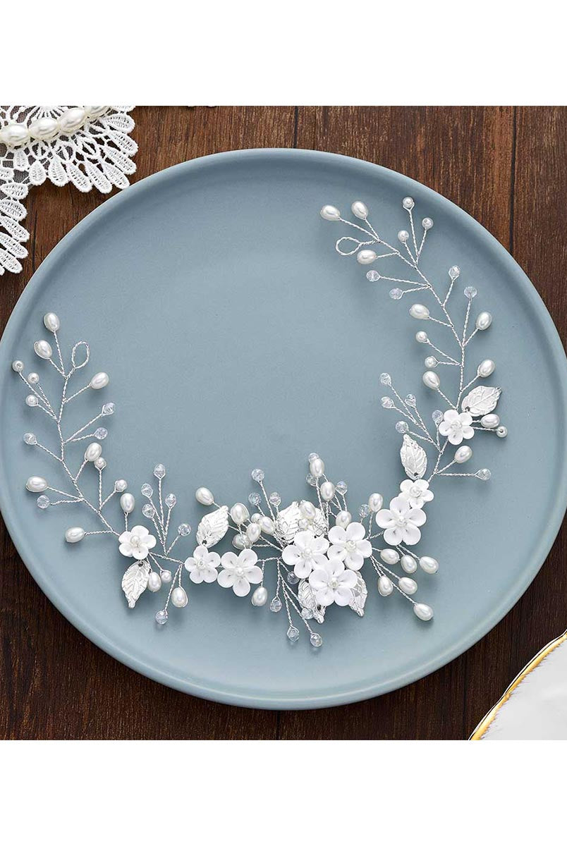 White Flower and Leaf Wedding Hairpiece