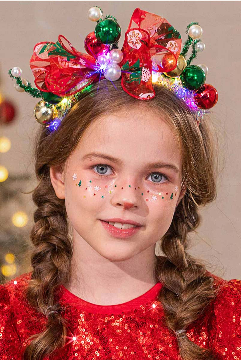Festive LED Hairband with Red Bow and Multicolored Ornaments