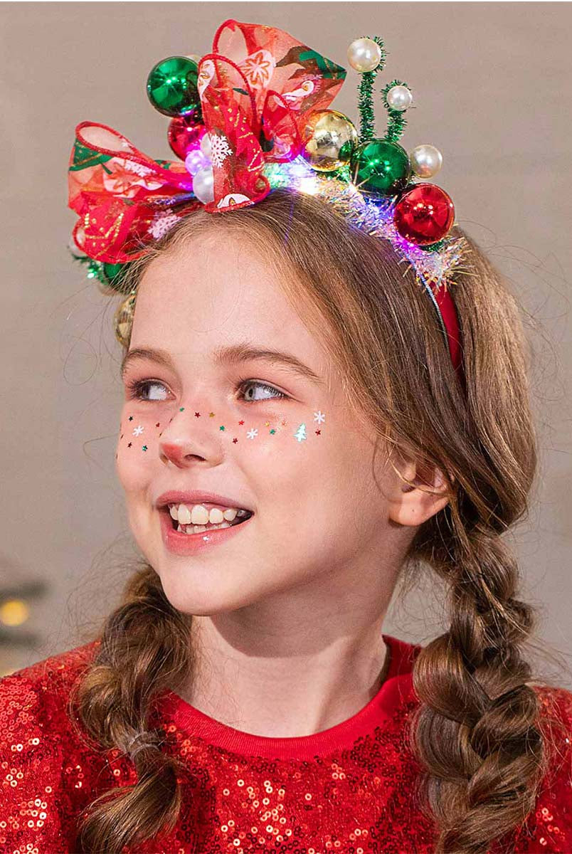 LED-Illuminated Hair Accessory with Red Bow and Glitter Balls