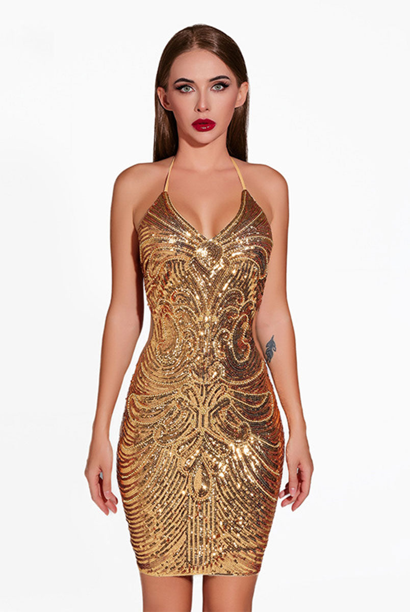 Sequin Latin Dress, Backless, V-Neck, Fitted for Parties