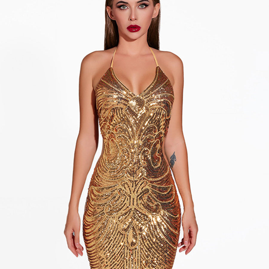 Sequin Latin Dress, Backless, V-Neck, Fitted for Parties