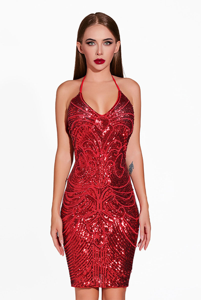Elegant V-Neck Backless Sequin Dress, Perfect for Latin Dance Parties