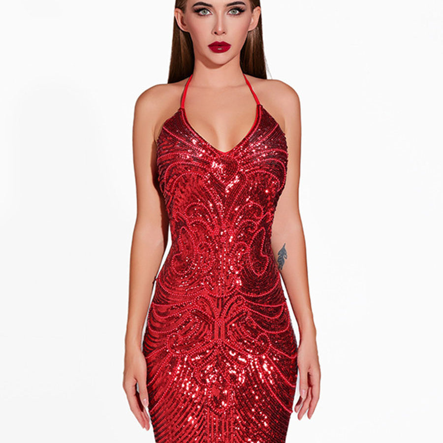 Elegant V-Neck Backless Sequin Dress, Perfect for Latin Dance Parties