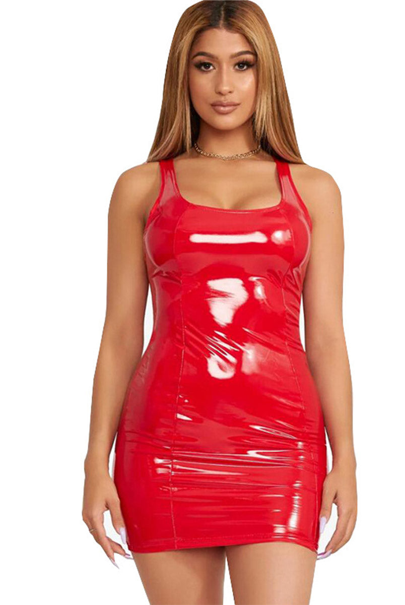 High-stretch PU bodycon mini dress in vivid colors