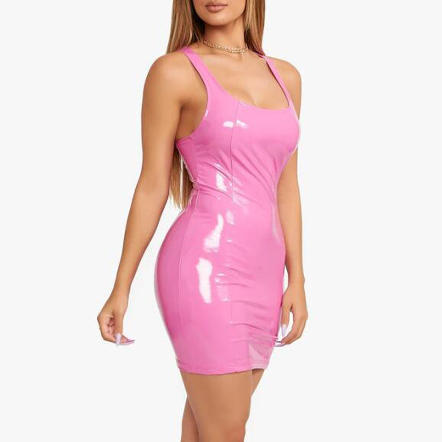 Figure-hugging PU mini dress with colorful, high-elastic design
