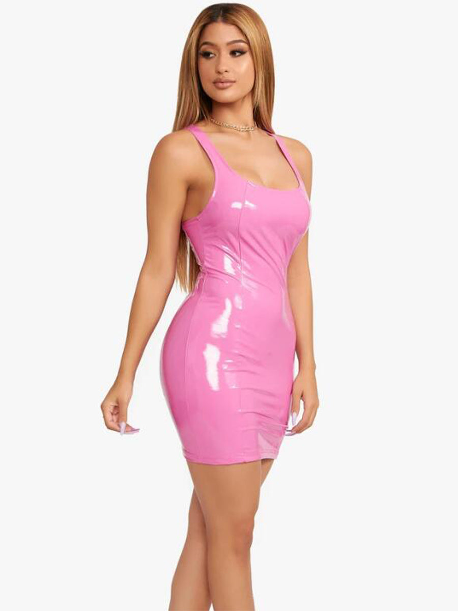 Figure-hugging PU mini dress with colorful, high-elastic design