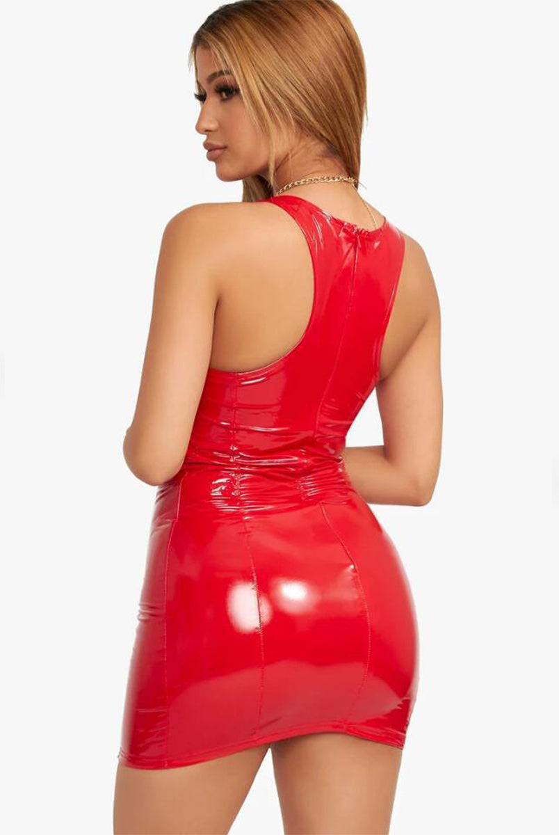 Vibrant PU mini dress, high-stretch and body-contouring