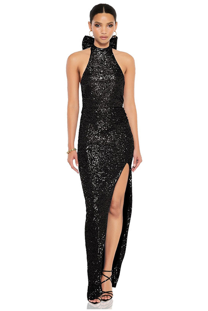 Sequin halter dress with large bow, backless party style