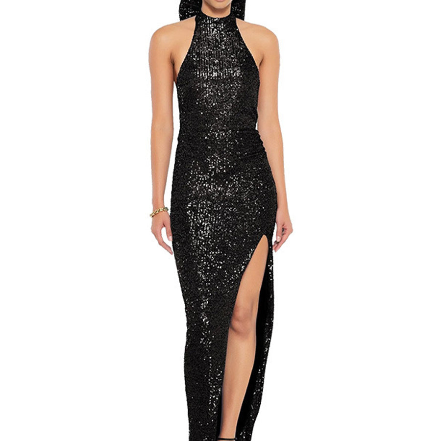 Sequin halter dress with large bow, backless party style