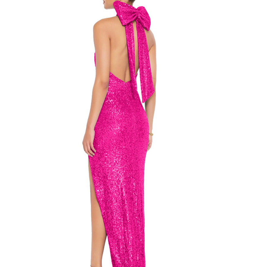 Halter neck sequin dress with oversized bow, backless party gown