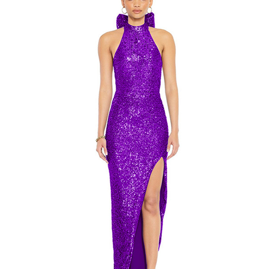 Elegant sequin halter mini dress, backless with dramatic bow
