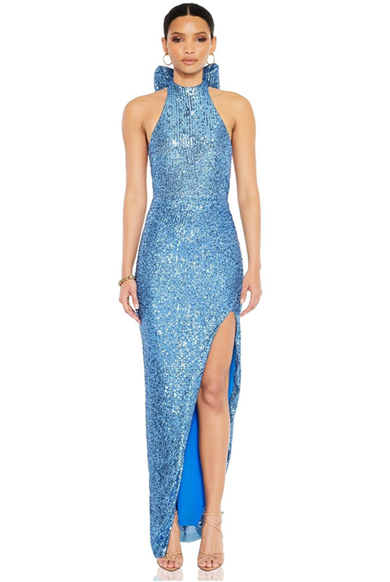 Backless sequin party dress, halter neck, with a chic statement bow