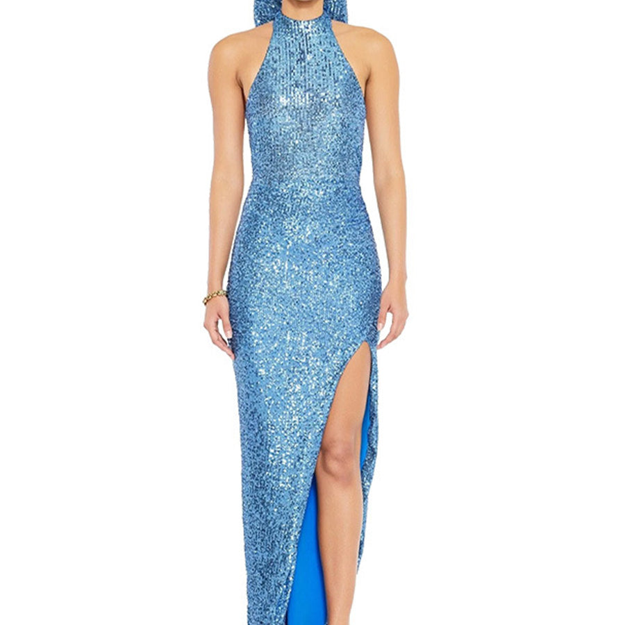 Backless sequin party dress, halter neck, with a chic statement bow