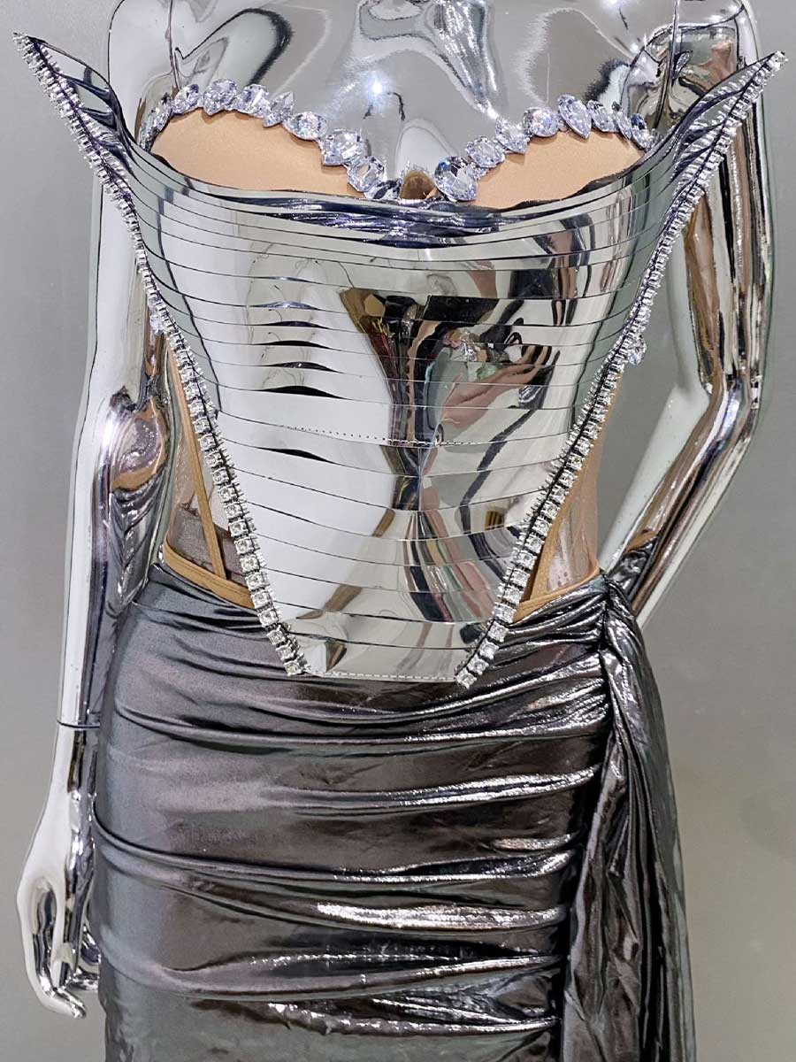 Women's Metallic Sequin & Rhinestone Bustier Mini Skirt Set - Perfect for Night Out