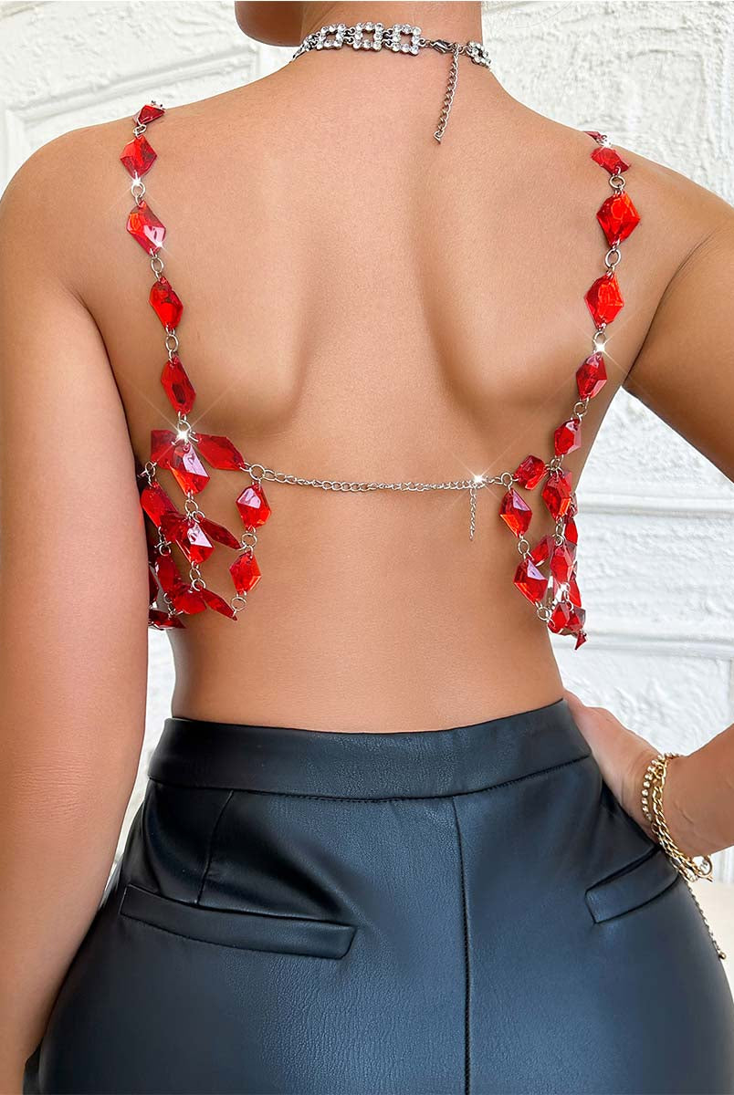Lace-Up Cutout Top - Crystal Accent Body Chain