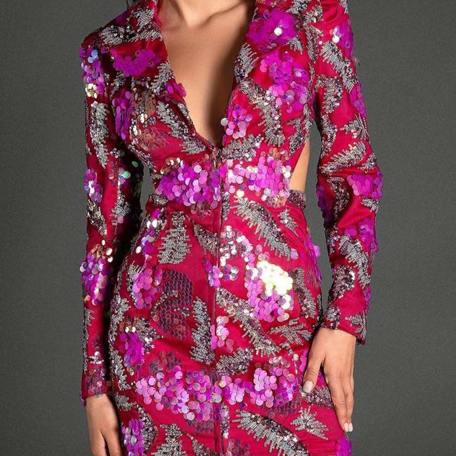 Sequin Deep V Backless Bodycon Dress - Glamorous Party Style