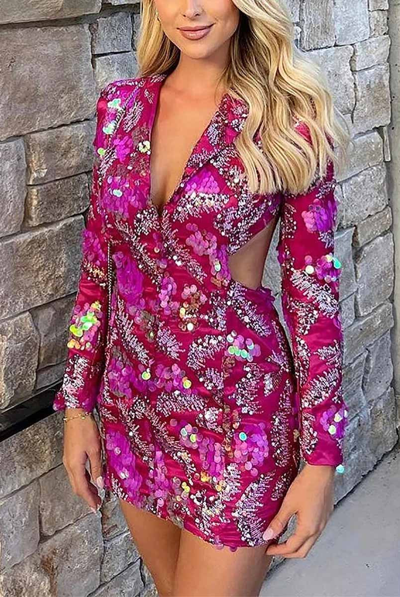 Sequin Blazer Style Bodycon Dress - Deep V and Backless Detail