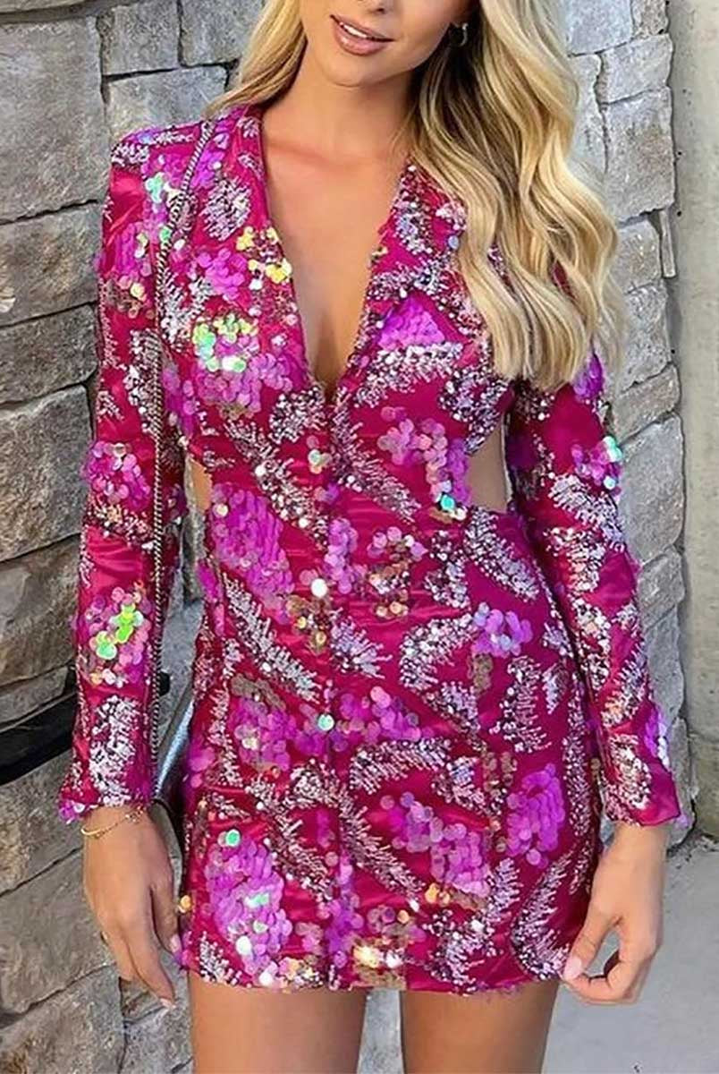 Sparkling Sequin Dress - Deep V Neckline and Backless Design