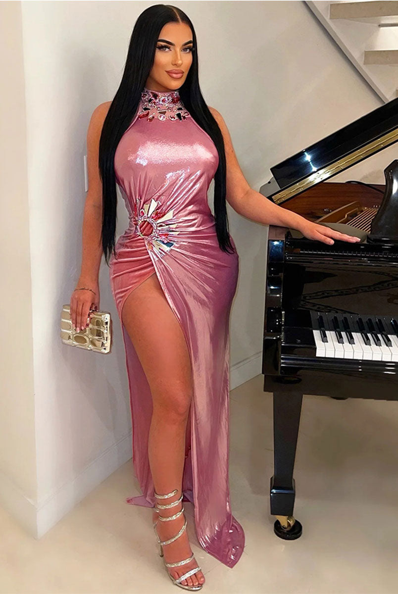 Sleeveless High Slit Rhinestone Reflective Dress - Sexy & Glamorous