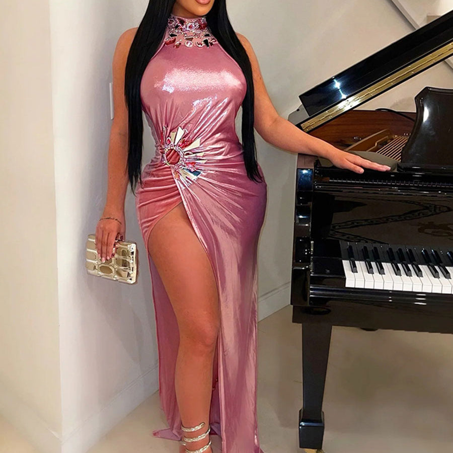 Sleeveless High Slit Rhinestone Reflective Dress - Sexy & Glamorous