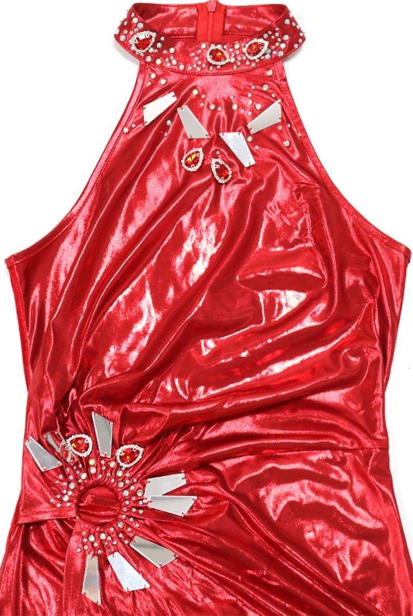 High Slit Reflective Dress - Sleeveless, Solid Color with Sparkling Rhinestones