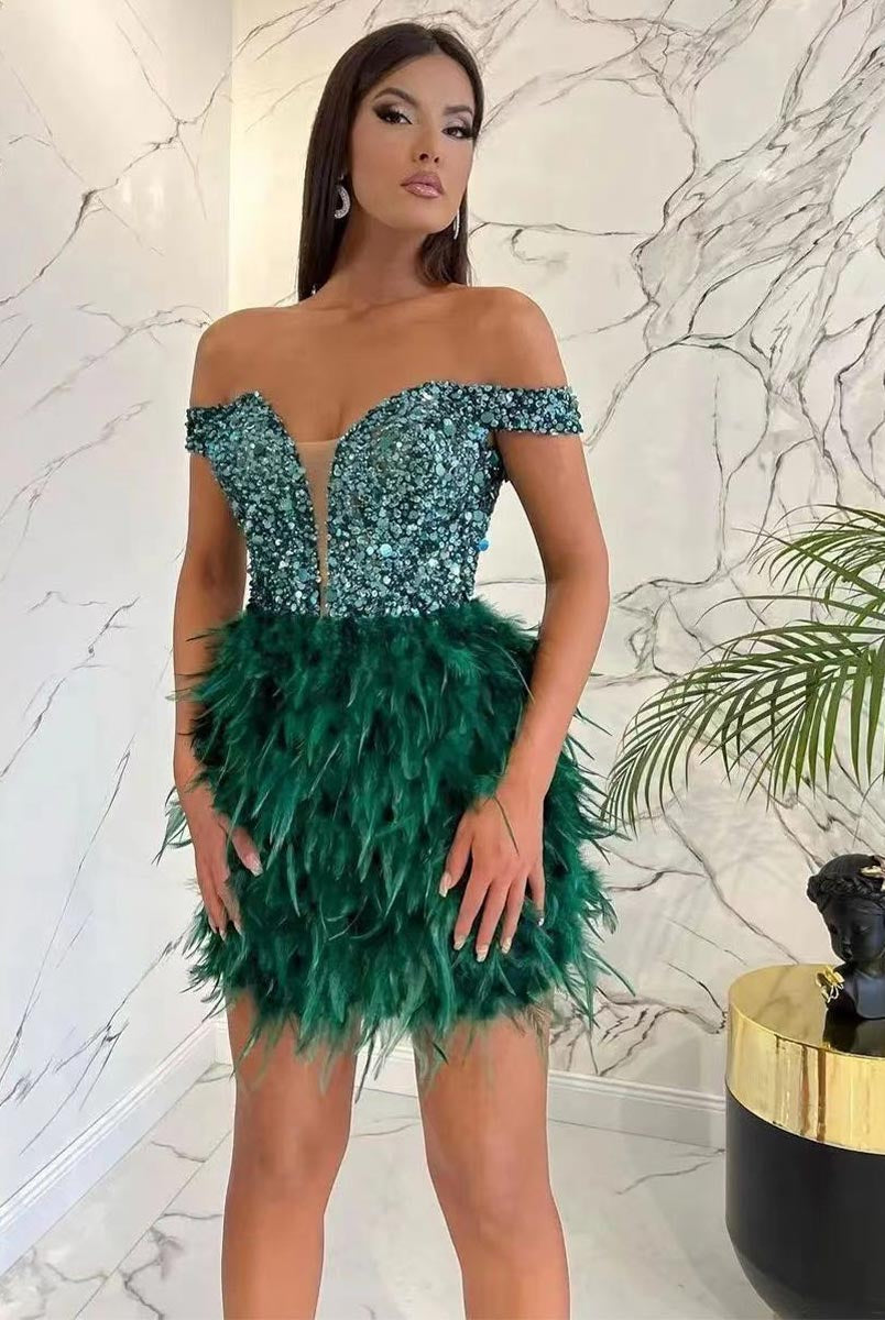 Sparkling Sequin & Feather Off-the-Shoulder Mini Dress