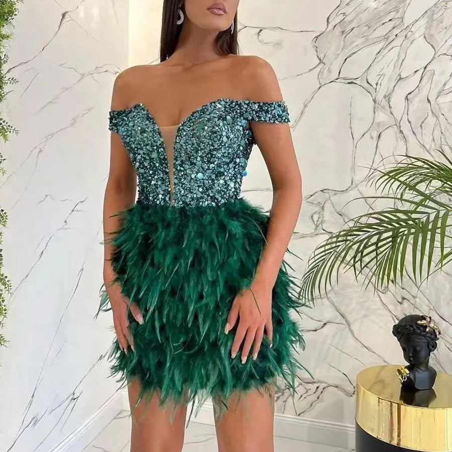 Sparkling Sequin & Feather Off-the-Shoulder Mini Dress