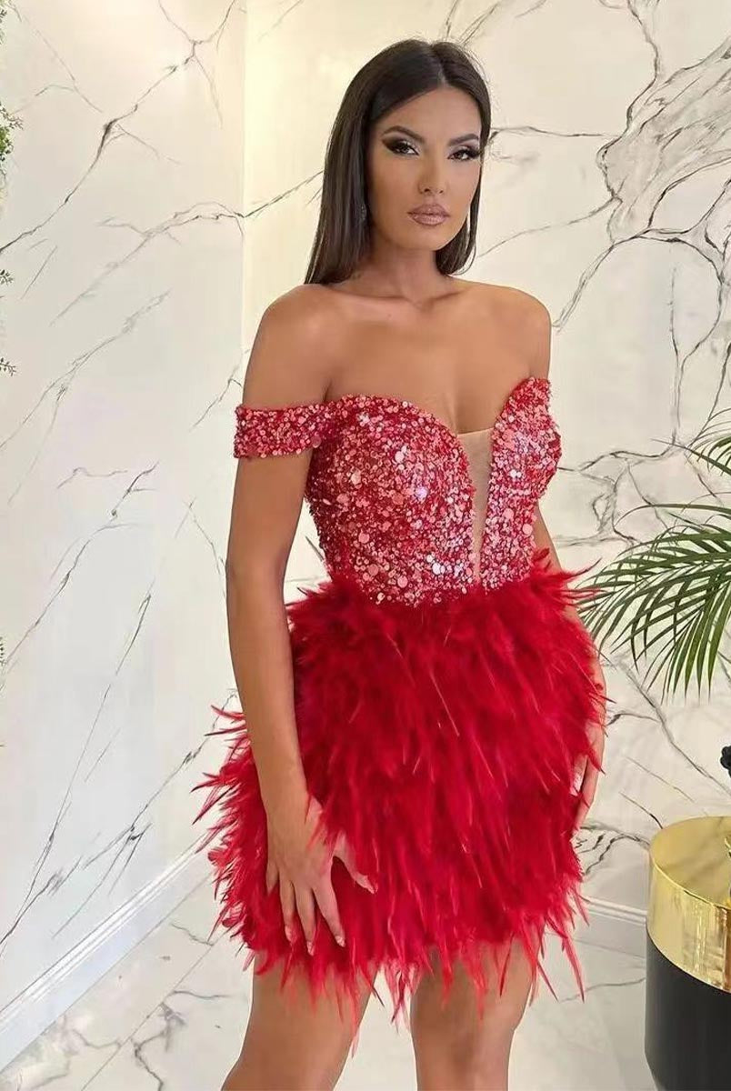 Glamorous Feather Trim Sequin Off-Shoulder Mini Dress