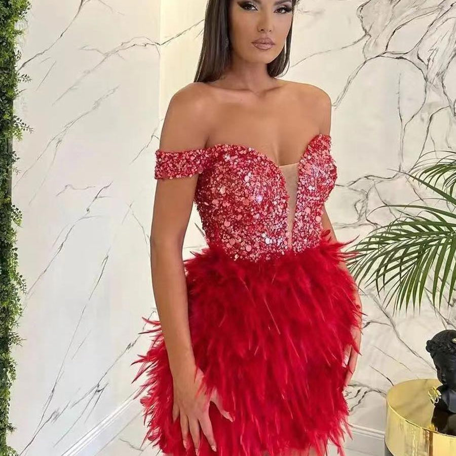 Glamorous Feather Trim Sequin Off-Shoulder Mini Dress